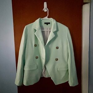 Seafoam double breasted blazer.
